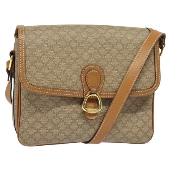 CELINE Macadam Canvas Shoulder Bag Beige Gold Auth - Picture 1 of 16